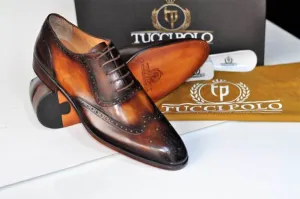 TucciPolo Oxford Wingtips Handstitched Luxury Mens Handmade Bleach Brown Italian Leather Shoe