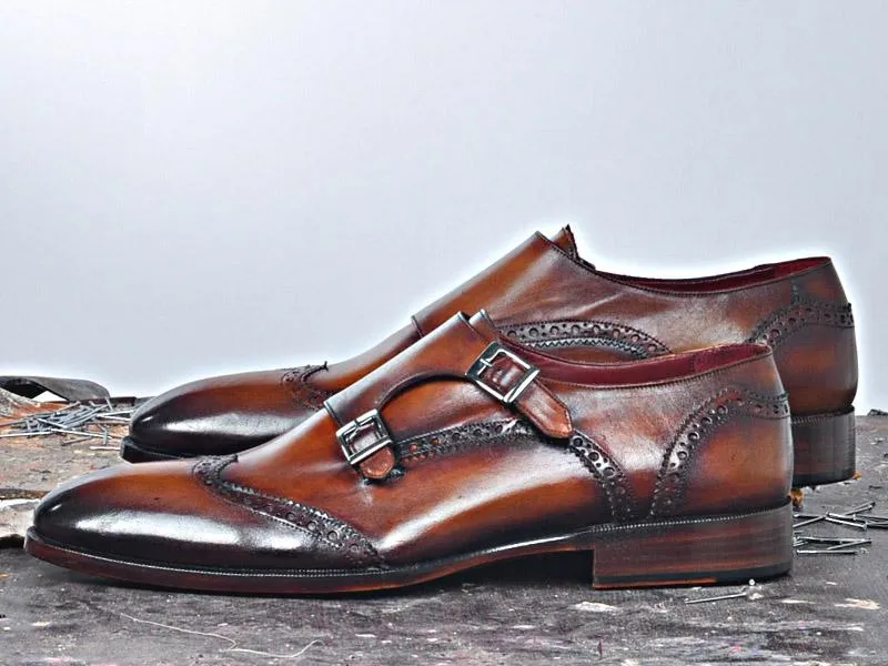TucciPolo Pietra Monkstrap Double Buckle Handmade Tobacco Mens Classic Calfskin Shoe