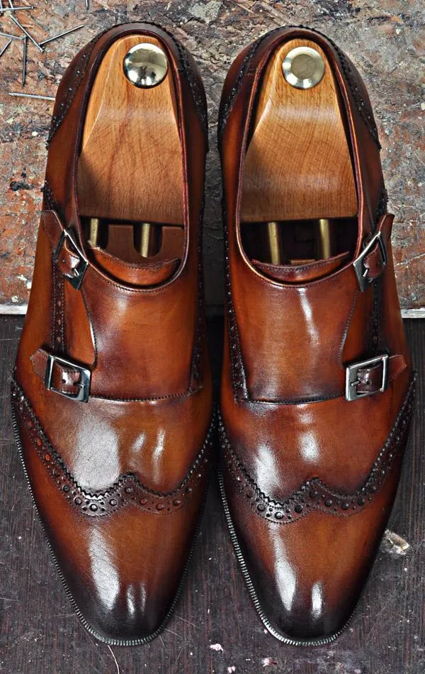 TucciPolo Pietra Monkstrap Double Buckle Handmade Tobacco Mens Classic Calfskin Shoe