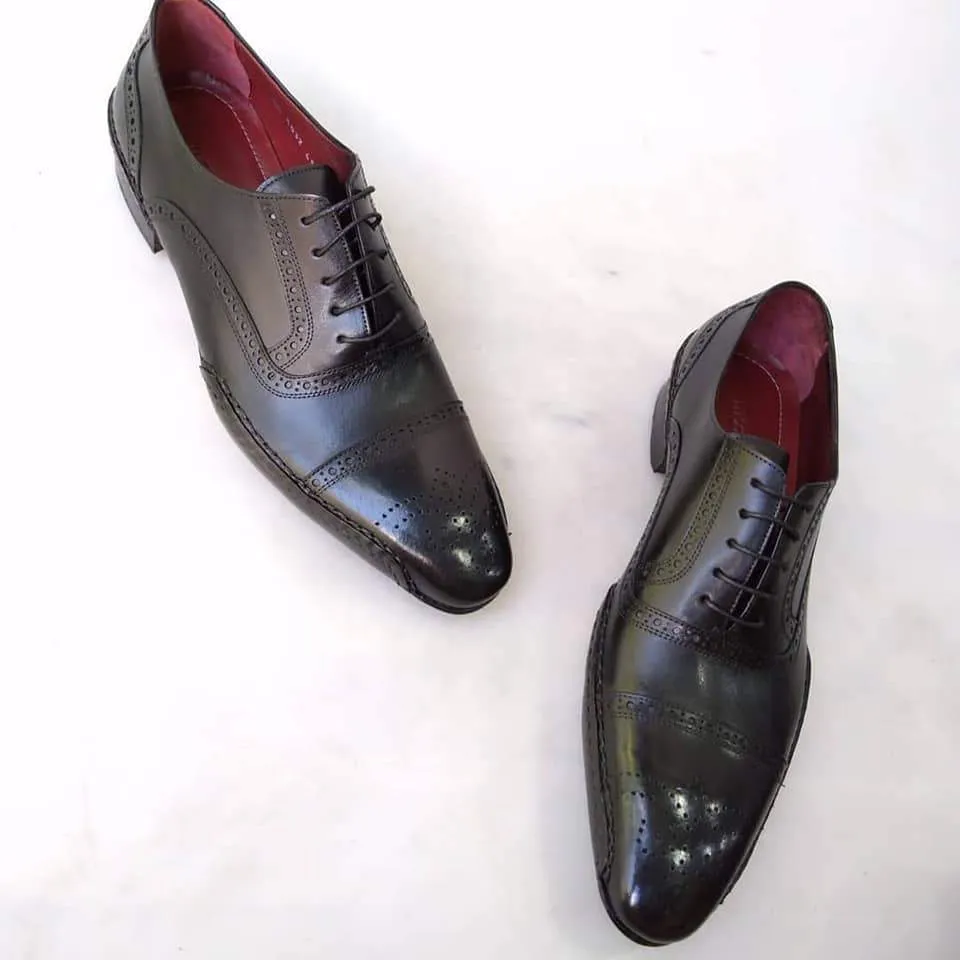 TucciPolo Special Edition Black Handcrafted Captoe Oxford Mens Luxury Italian Leather Shoes