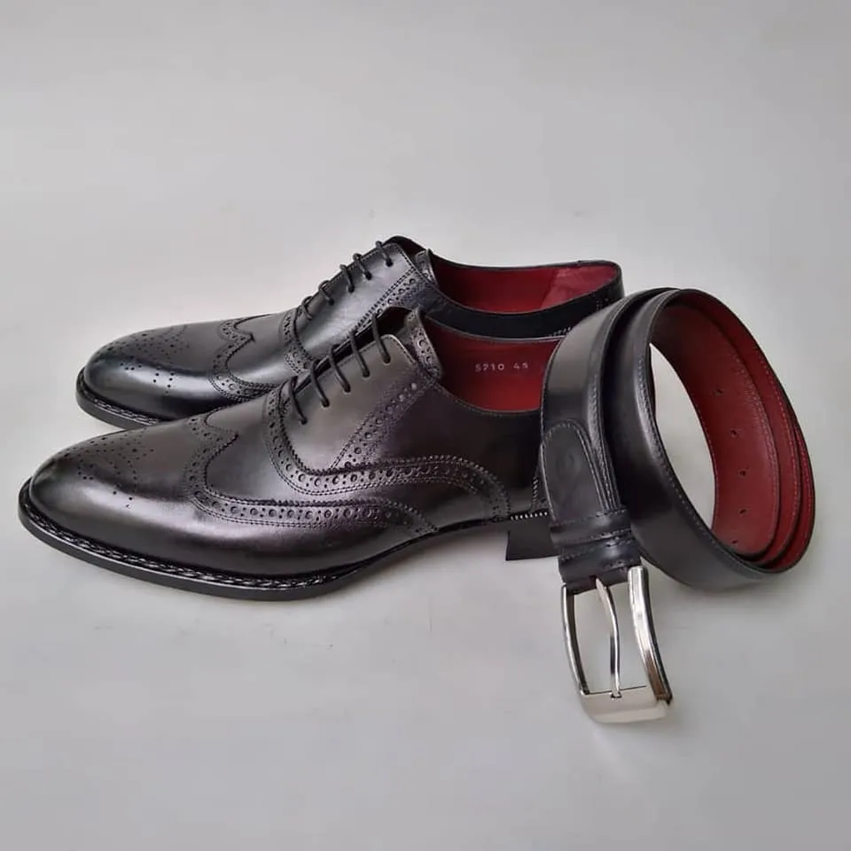 TucciPolo Special Edition Men's Handmade Wingtip Oxford Black Italian Leather Luxury Dress Shoe