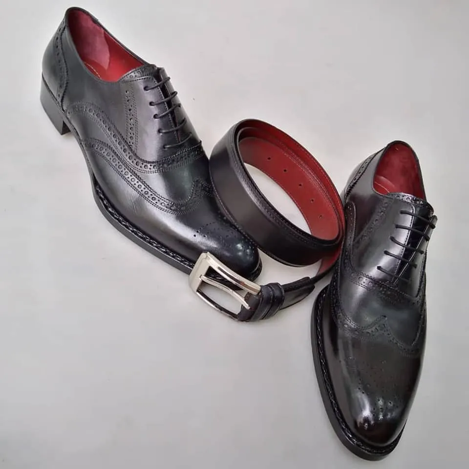 TucciPolo Special Edition Men's Handmade Wingtip Oxford Black Italian Leather Luxury Dress Shoe