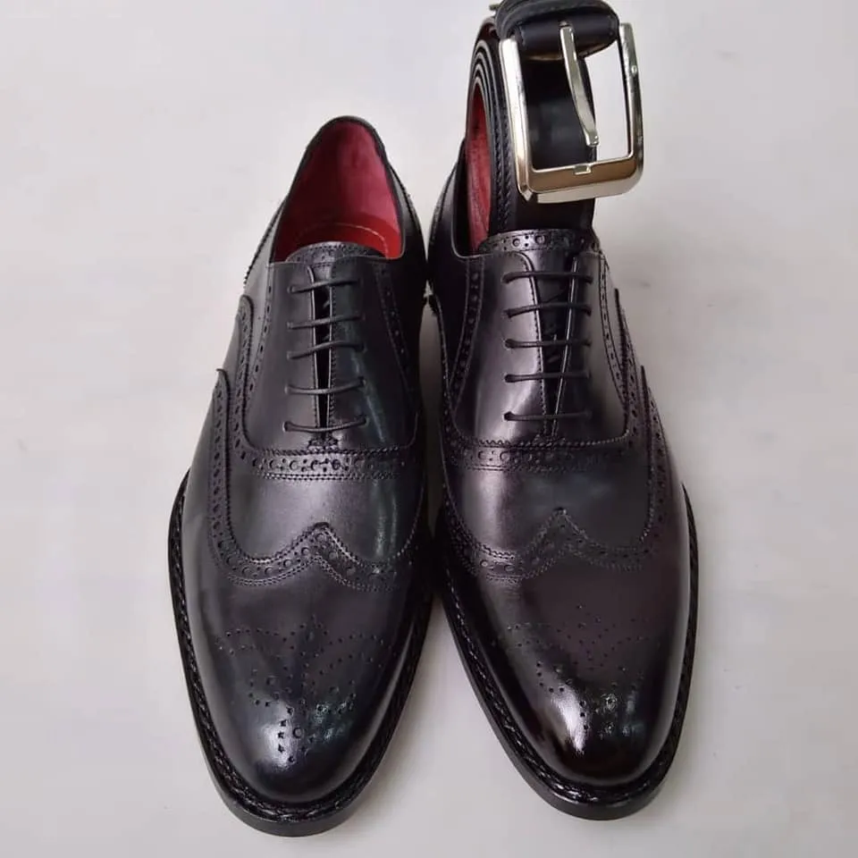 TucciPolo Special Edition Men's Handmade Wingtip Oxford Black Italian Leather Luxury Dress Shoe