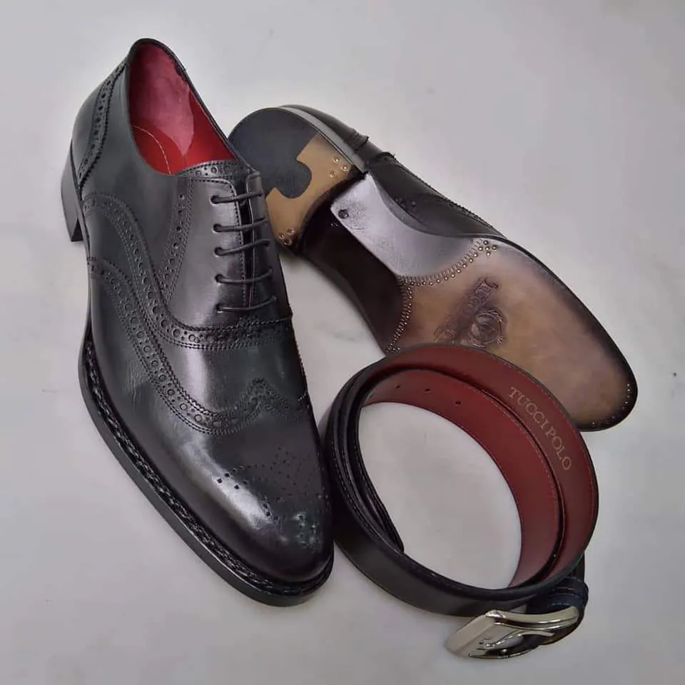 TucciPolo Special Edition Men's Handmade Wingtip Oxford Black Italian Leather Luxury Dress Shoe
