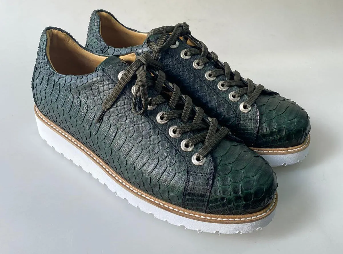 TucciPolo Special Edition Men's Sporty Handmade Green Real Python Leather Luxury Sneaker