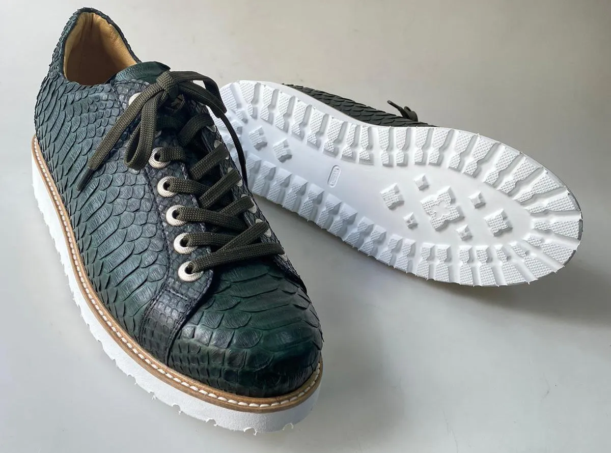 TucciPolo Special Edition Men's Sporty Handmade Green Real Python Leather Luxury Sneaker