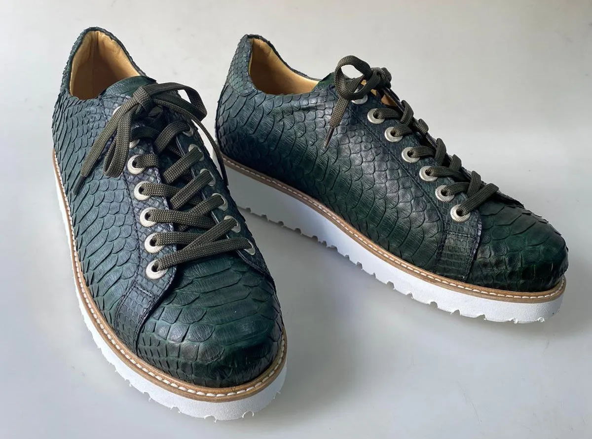 TucciPolo Special Edition Men's Sporty Handmade Green Real Python Leather Luxury Sneaker