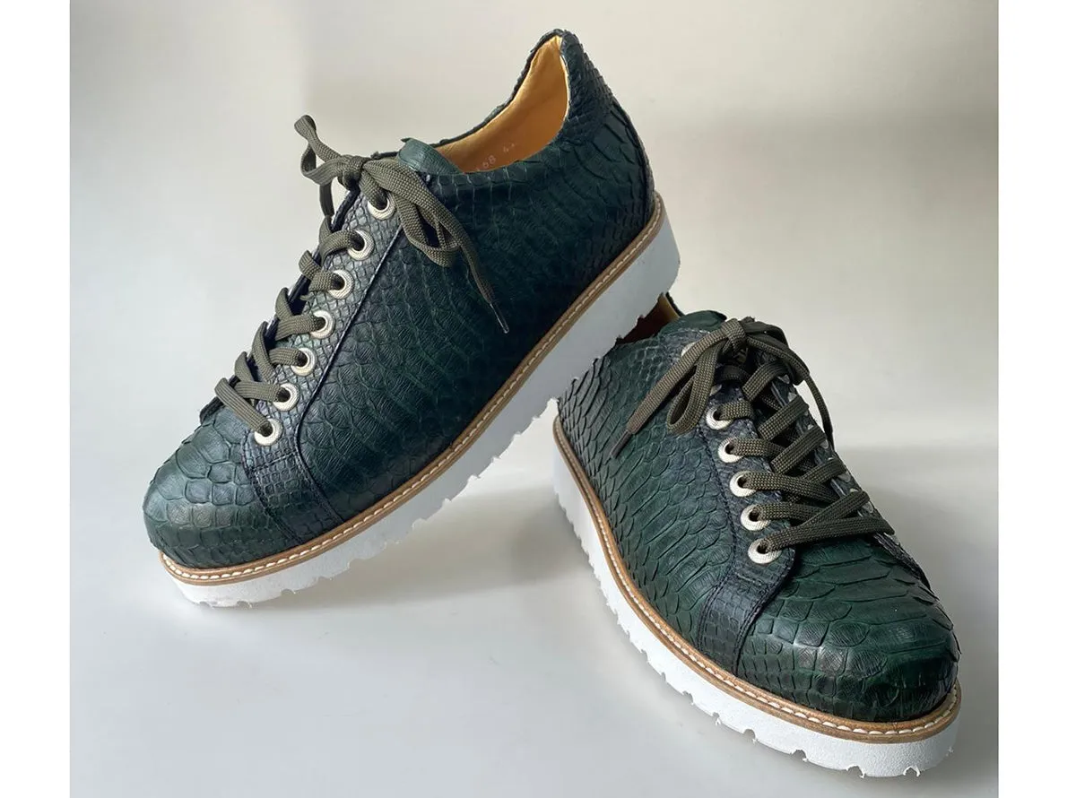 TucciPolo Special Edition Men's Sporty Handmade Green Real Python Leather Luxury Sneaker