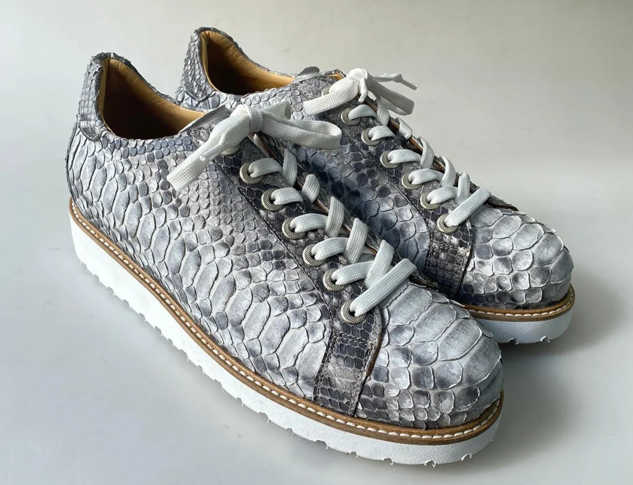 TucciPolo Special Edition Men's Sporty Handmade Natural Gray Real Python Leather Luxury Sneaker