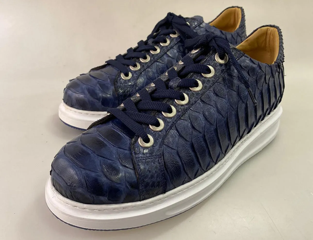 TucciPolo Special Edition Men's Sporty Handmade Navy Blue Real Python Leather Luxury Sneaker with Eva Sole