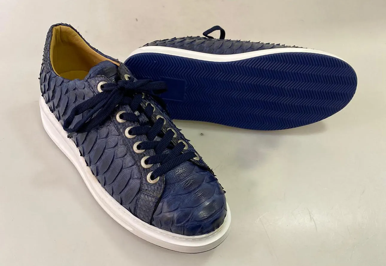 TucciPolo Special Edition Men's Sporty Handmade Navy Blue Real Python Leather Luxury Sneaker with Eva Sole