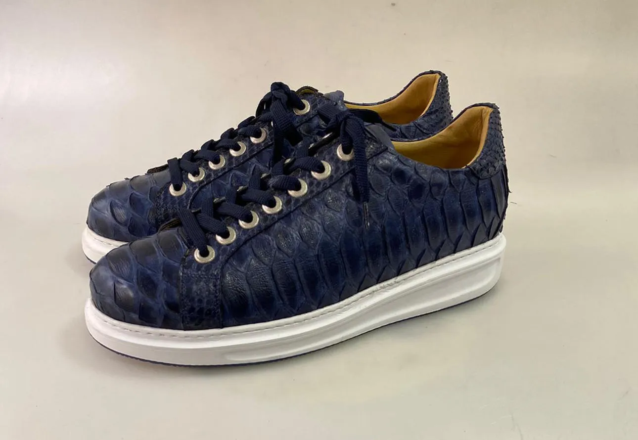 TucciPolo Special Edition Men's Sporty Handmade Navy Blue Real Python Leather Luxury Sneaker with Eva Sole