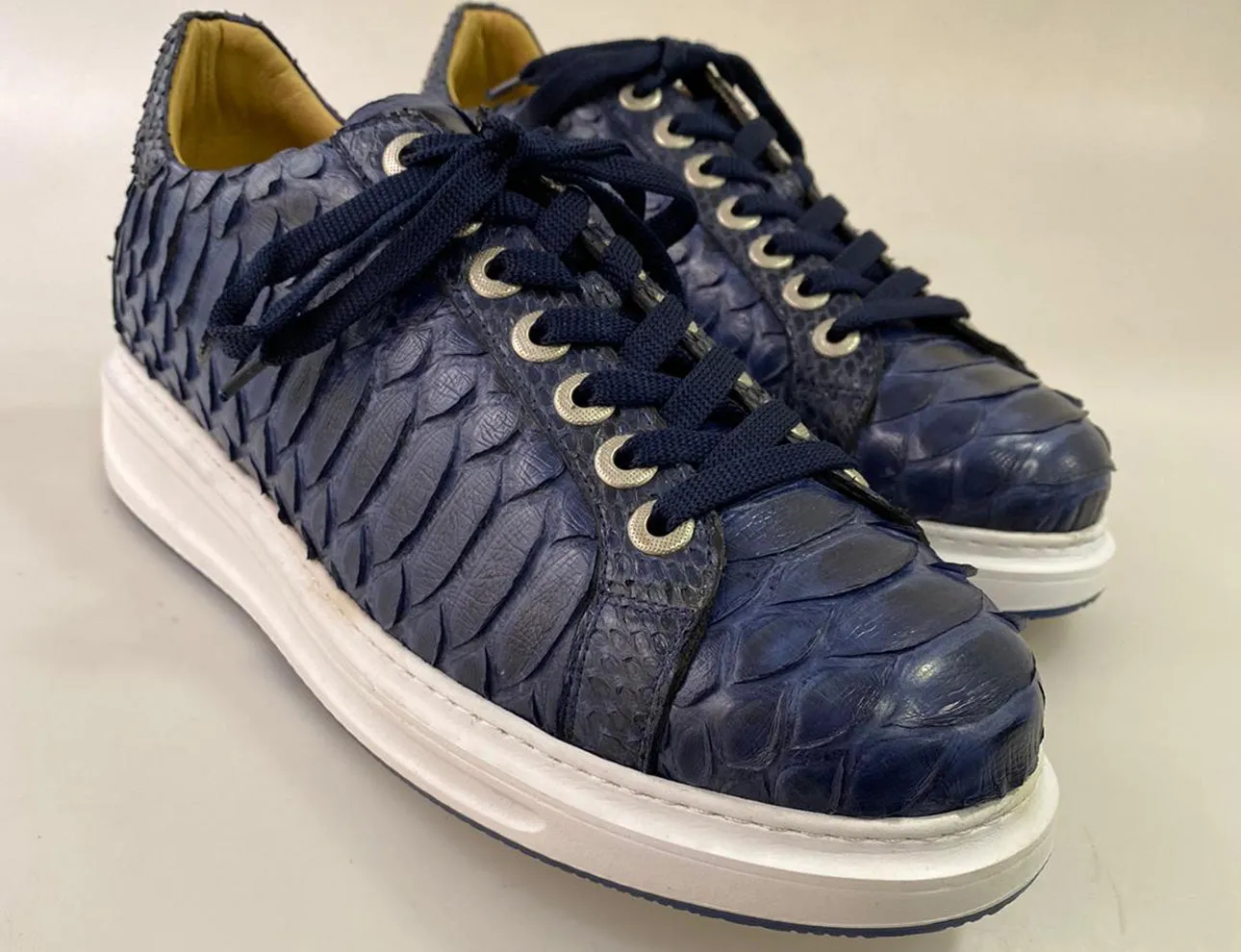 TucciPolo Special Edition Men's Sporty Handmade Navy Blue Real Python Leather Luxury Sneaker with Eva Sole