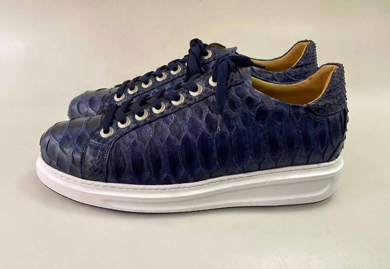 TucciPolo Special Edition Men's Sporty Handmade Navy Blue Real Python Leather Luxury Sneaker with Eva Sole