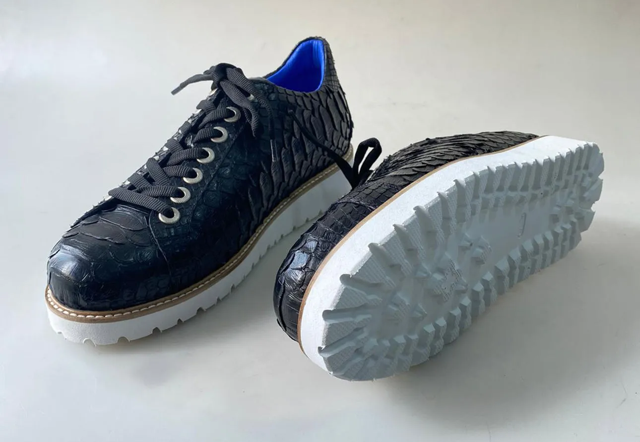 TucciPolo Special Edition Men's Sporty Handmade Navy Blue Real Python Leather Luxury Sneaker