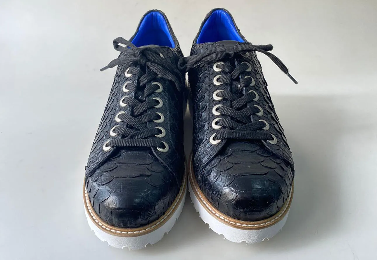 TucciPolo Special Edition Men's Sporty Handmade Navy Blue Real Python Leather Luxury Sneaker