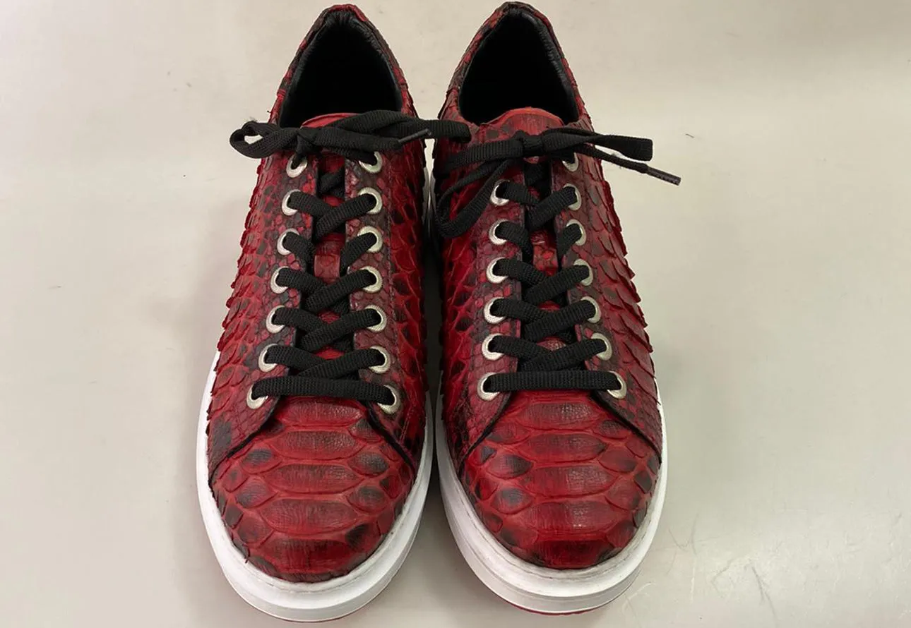 TucciPolo Special Edition Men's Sporty Handmade Red Real Python Leather Luxury Sneaker with Eva Sole