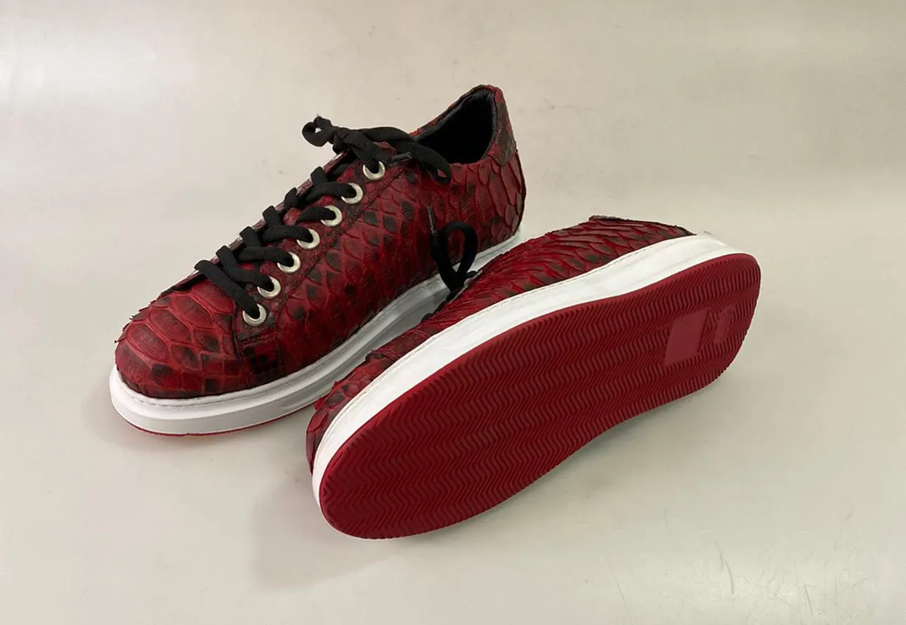 TucciPolo Special Edition Men's Sporty Handmade Red Real Python Leather Luxury Sneaker with Eva Sole