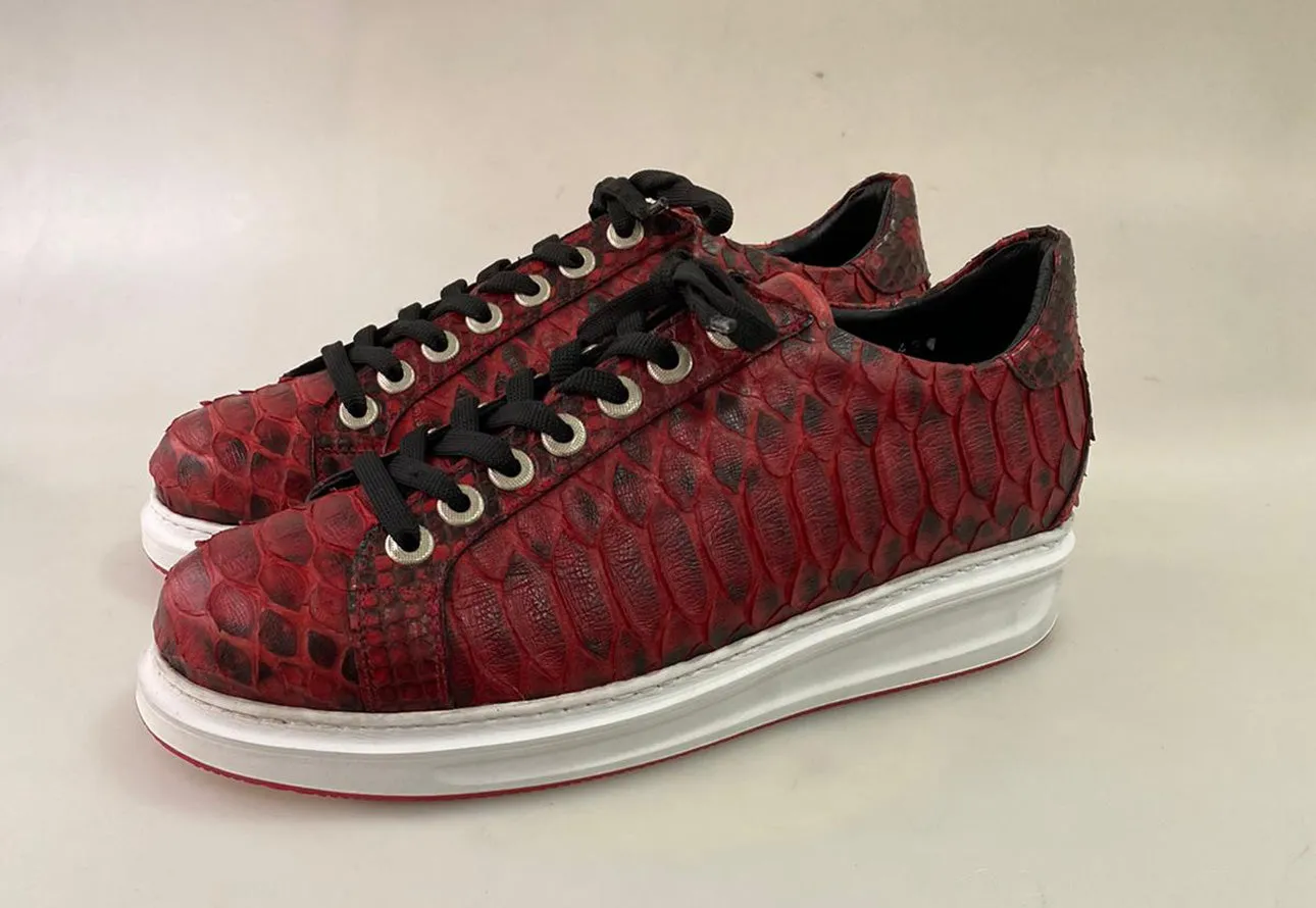 TucciPolo Special Edition Men's Sporty Handmade Red Real Python Leather Luxury Sneaker with Eva Sole