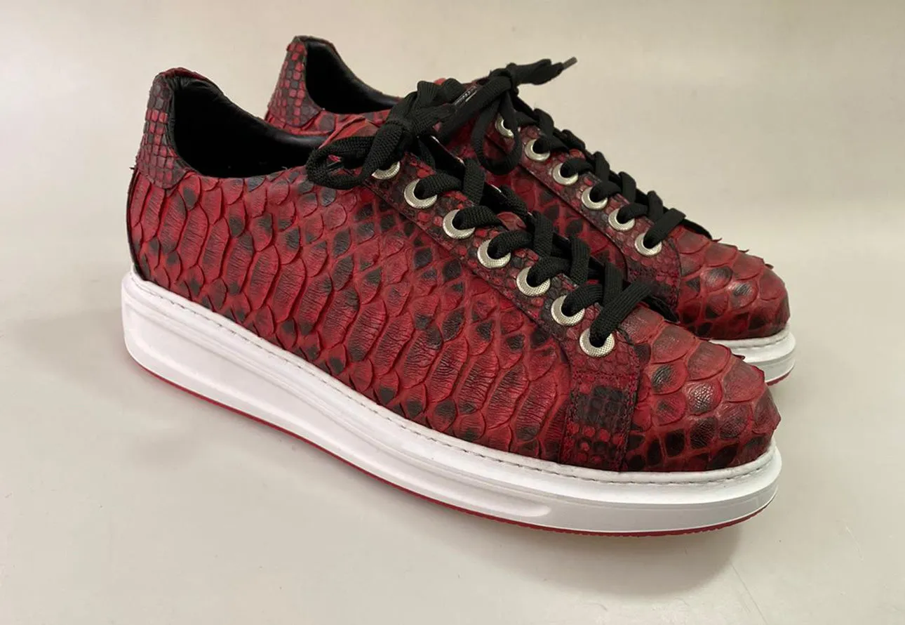 TucciPolo Special Edition Men's Sporty Handmade Red Real Python Leather Luxury Sneaker with Eva Sole