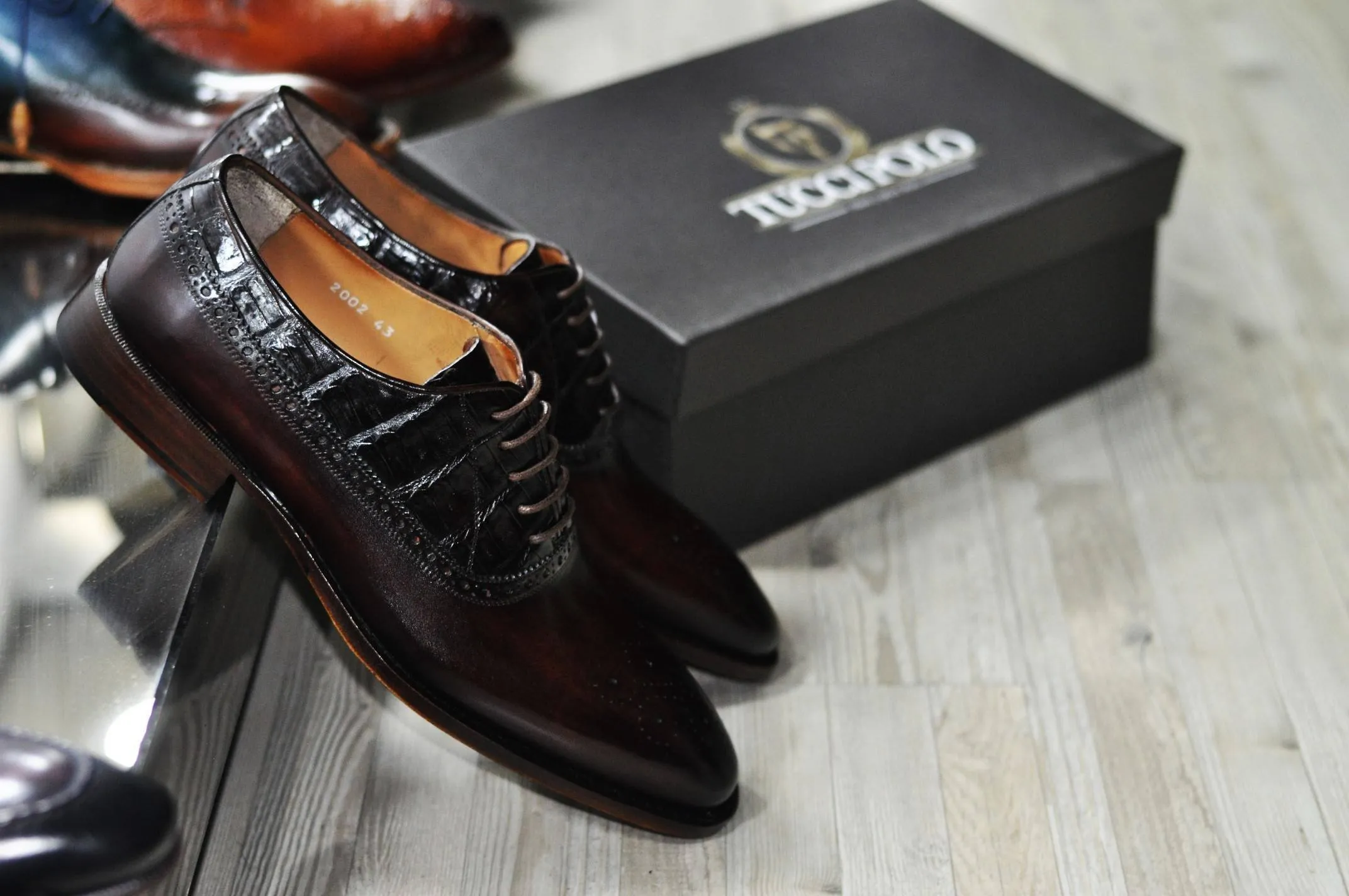TucciPolo TROY-TP Handmade Genuine Crocodile with Brown Italian Leather Mens Luxury Designer Shoe