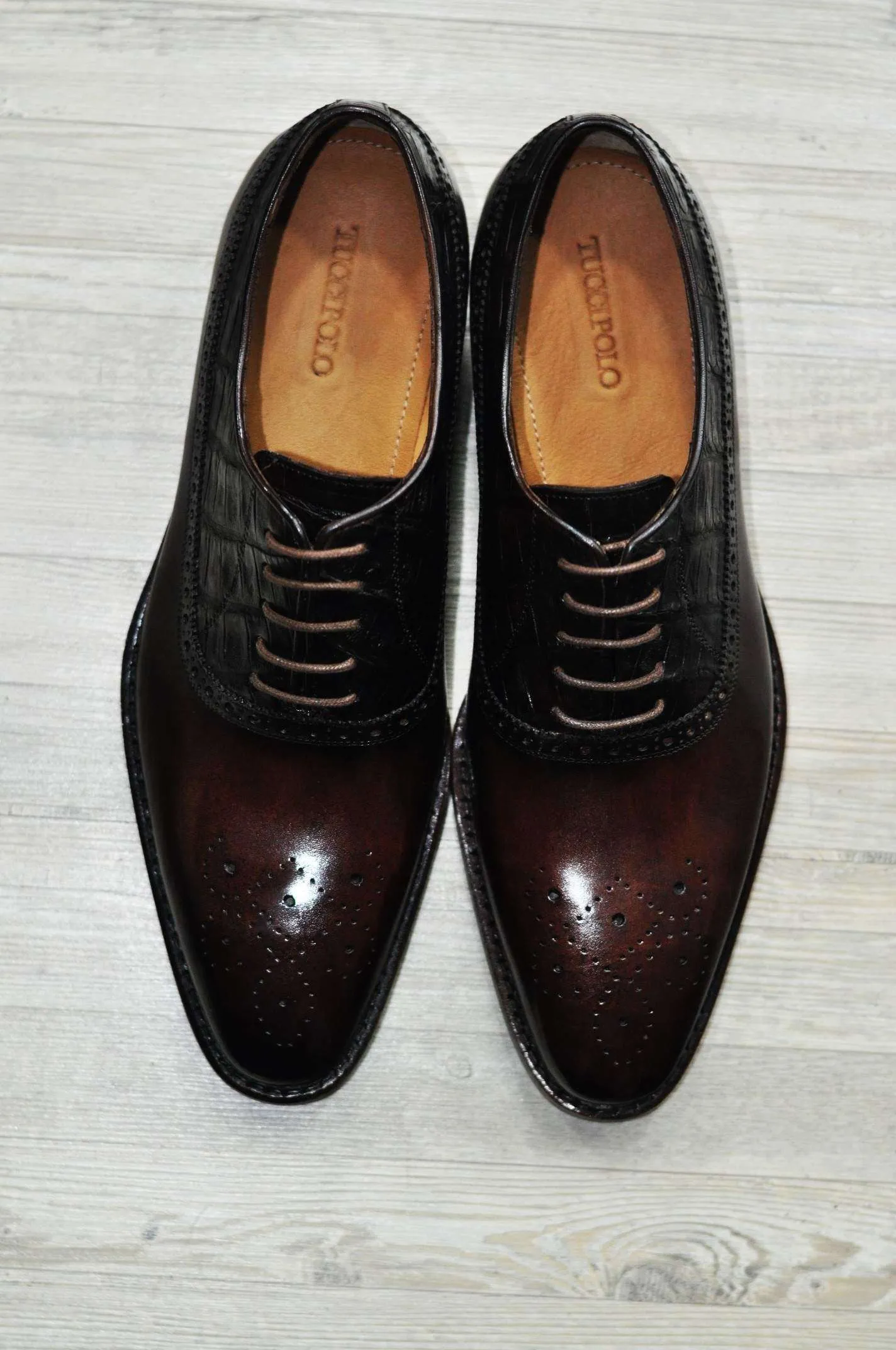 TucciPolo TROY-TP Handmade Genuine Crocodile with Brown Italian Leather Mens Luxury Designer Shoe