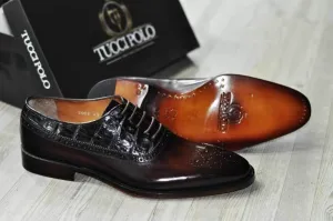 TucciPolo TROY-TP Handmade Genuine Crocodile with Brown Italian Leather Mens Luxury Designer Shoe